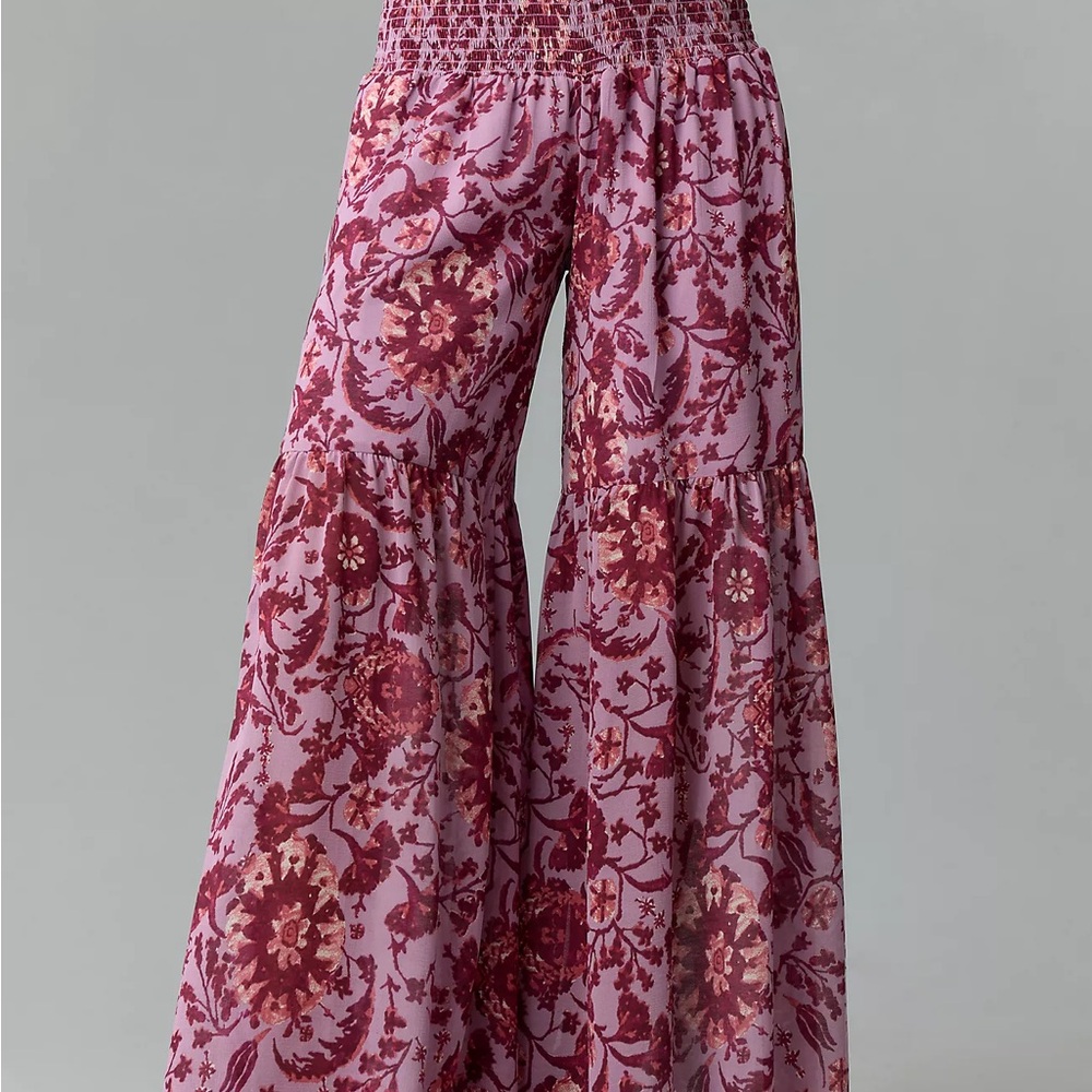 ANTHROPOLOGIE 
Chiffon Tiered Wide-Leg Pants purple floral print size SP NEW